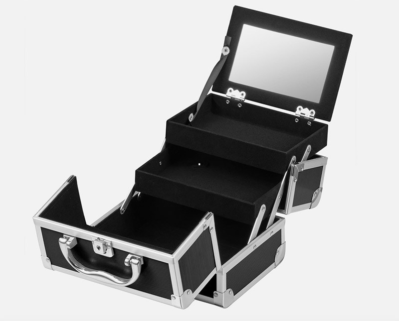 Custom-Aluminium-Kosmetikkoffer mit schwarzem Lederverkleidung Innen Make-up-Vanity-Box für 250 X 180 X 230mm